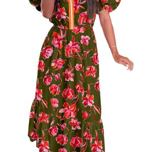 Women's Green Floral Print Maxi Dress – Casual Puff Sleeve Ruffle Hem for Summer Outings