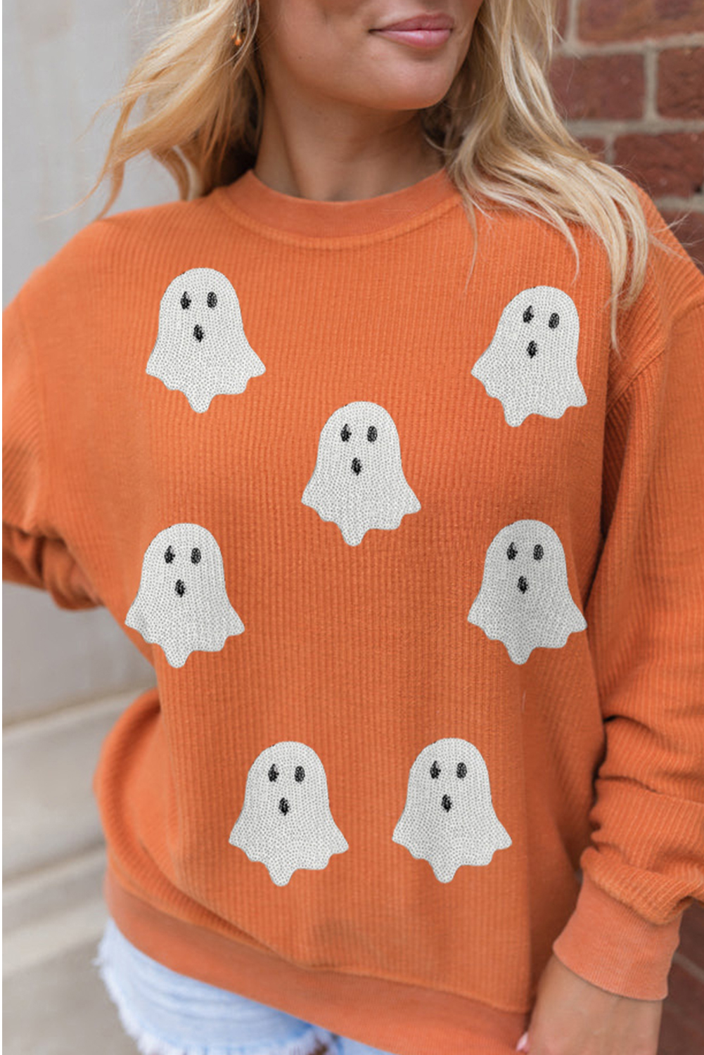 Casual Long Sleeve Orange Sweatshirt with Halloween Ghost Sequin Details - Detail View 2