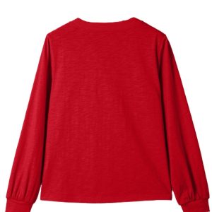 Women's Racing Red V-Neck Long Sleeve Button Top for Daily Wear