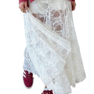 Elegant Women's White Sheer Floral Lace Maxi Skirt – Flowy High Waist Design for Spring Vacations