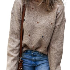 Women's Gray Morn Polka Dot Drop Shoulder Sweater – Casual Long Sleeve Knit for Fall & Autumn - Main View