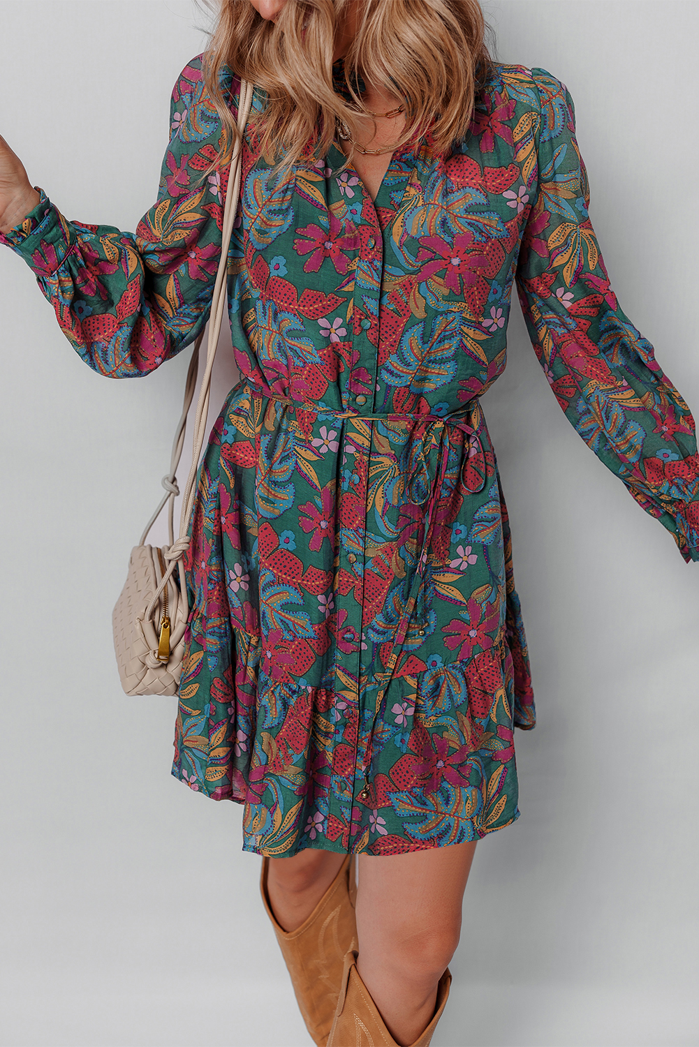 Women's Green Floral Frilled V Neck Puff Sleeve Ruffled Shirt Dress - Elegant Mini Dress - Detail View 5