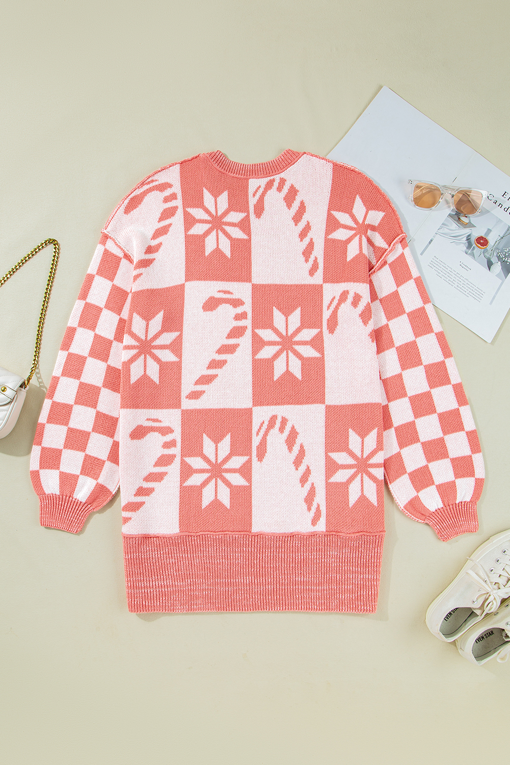 Women's Pink Candycane Snowflake Checker Drop Shoulder Tunic Sweater for Christmas - Detail View 5