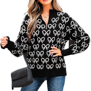 Women’s Black Bow Pattern Drop Shoulder Zipped Collar Sweater for Casual Fall Style - Main View