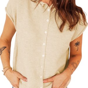 Women's Apricot Cap Sleeve Sweater Top – Casual Rolled Hem Design for Spring and Summer