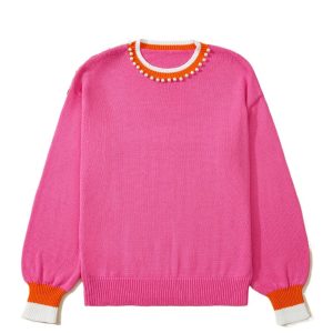 Women's Sachet Pink Drop Shoulder Knit Sweater with Pearled Decor – Casual Fall Layering Essential