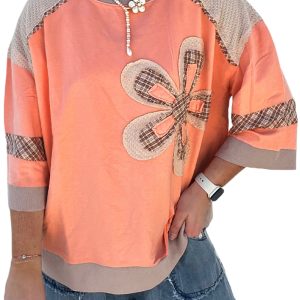Grapefruit Orange Plaid Waffle Flower Patchwork Bracelet Sleeve Top for Women - Main View