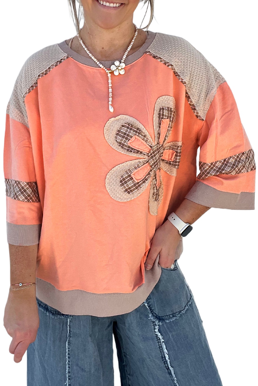 Grapefruit Orange Plaid Waffle Flower Patchwork Bracelet Sleeve Top for Women - Main View
