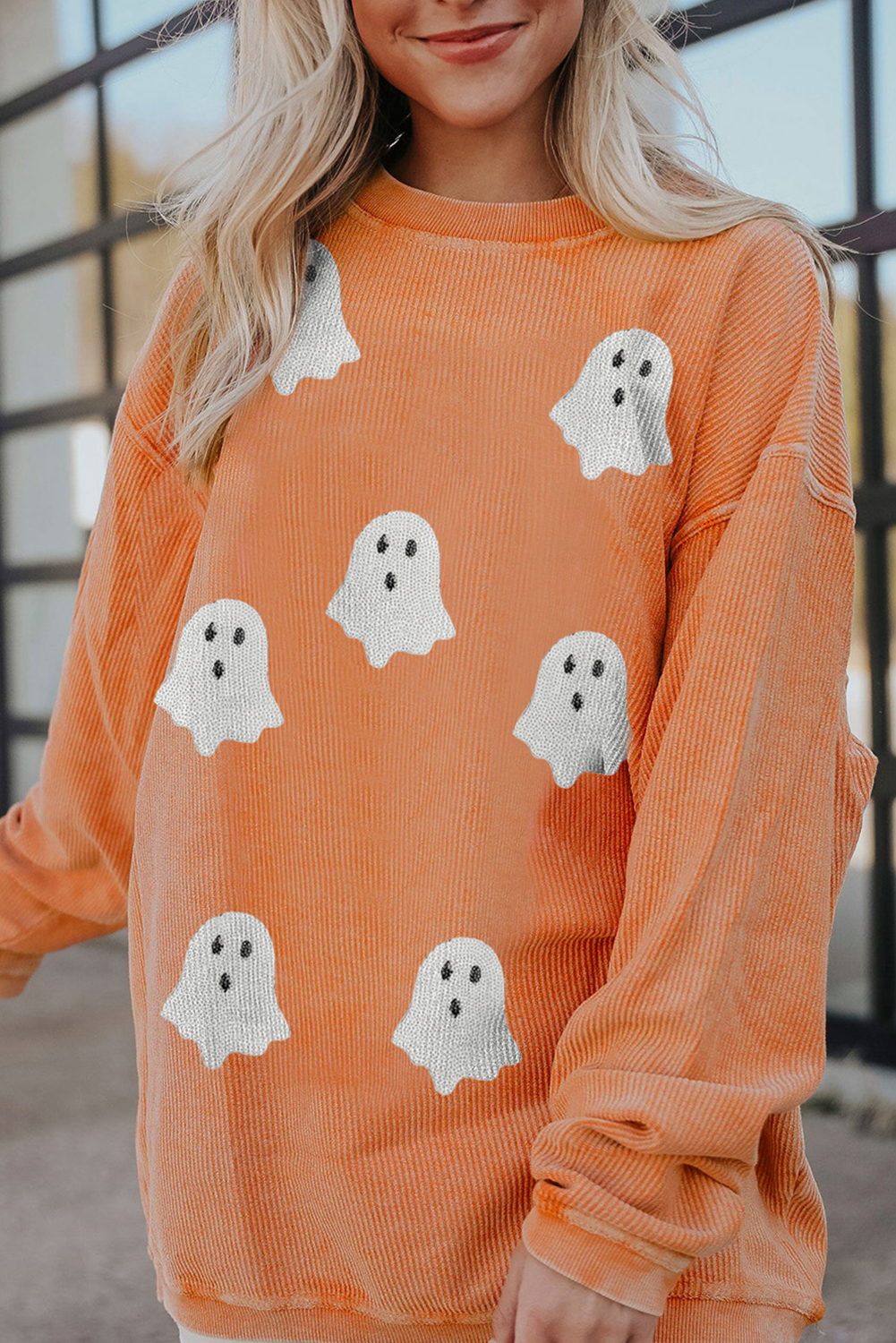 Women's Orange Twisted Ribbed Halloween Ghost Sequin Patched Sweatshirt - Detail View 5