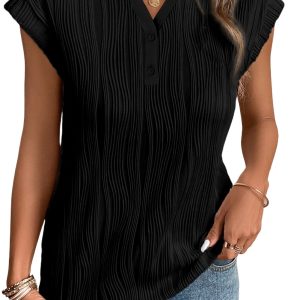 Women's Black Wavy Textured Button V Neck Tee – Casual Summer Essential