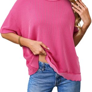 Women's Rose Red Spiral Ribbed Cutout Bow Knot Back Oversize T-Shirt for Casual Summer Days