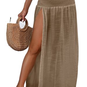 Women's Pale Khaki Maxi Beach Skirt – High Waist Shirred Long Skirt with Side Split - Main View