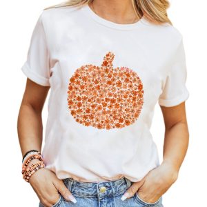Women's White Floral Pumpkin Custom Graphic Tee - Casual Summer Style - Main View