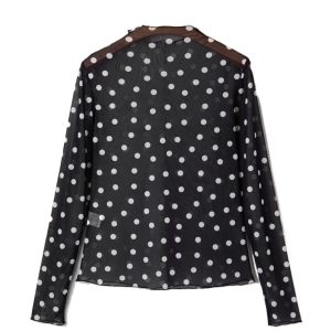 Women's Black Polka Dot Bodycon Mock Neck Top – Chic Long Sleeve Style for Night Out