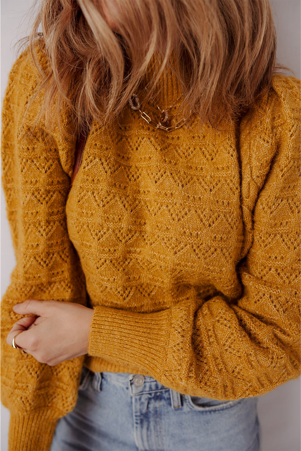 Women's Sweater, Jurassic Gold, Hollow Out, Crochet, Balloon Sleeve, Ribbed Mock Neck, Casual Style, Fall Fashion, Comfortable, Daily Wear, Pointelle Knit, Flattering Silhouette, Fashionable Sweater, Long Sleeve - Detail View 8