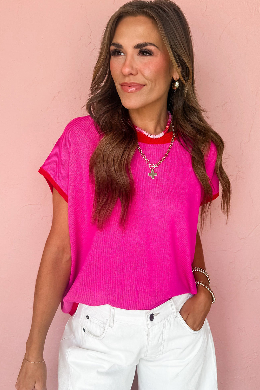 Women's Rose Red Contrast Trim Round Neck Short Sleeve Loose Knit Sweater - Detail View 5