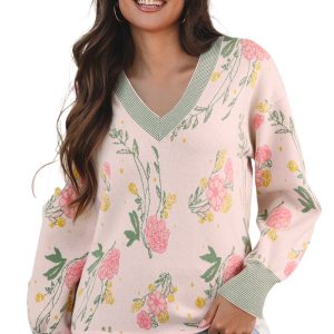 Women's Pink Floral Striped V-Neck Loose Sweater for Daily Wear
