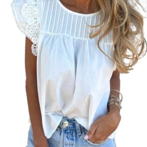Women's White Lace Flutter Sleeve Blouse – Southern Belle Pleated Round Neck Summer Top - Main View