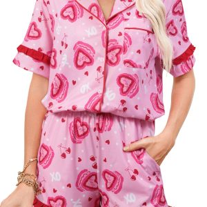 Women's Pink Sweet Heart Cake Print Pajama Set – Ruffle Trim for Cozy Valentine Nights