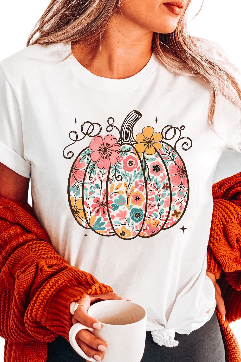 Chic White Short Sleeve Tee with Floral and Pumpkin Graphic - Daily Wear - Detail View 6