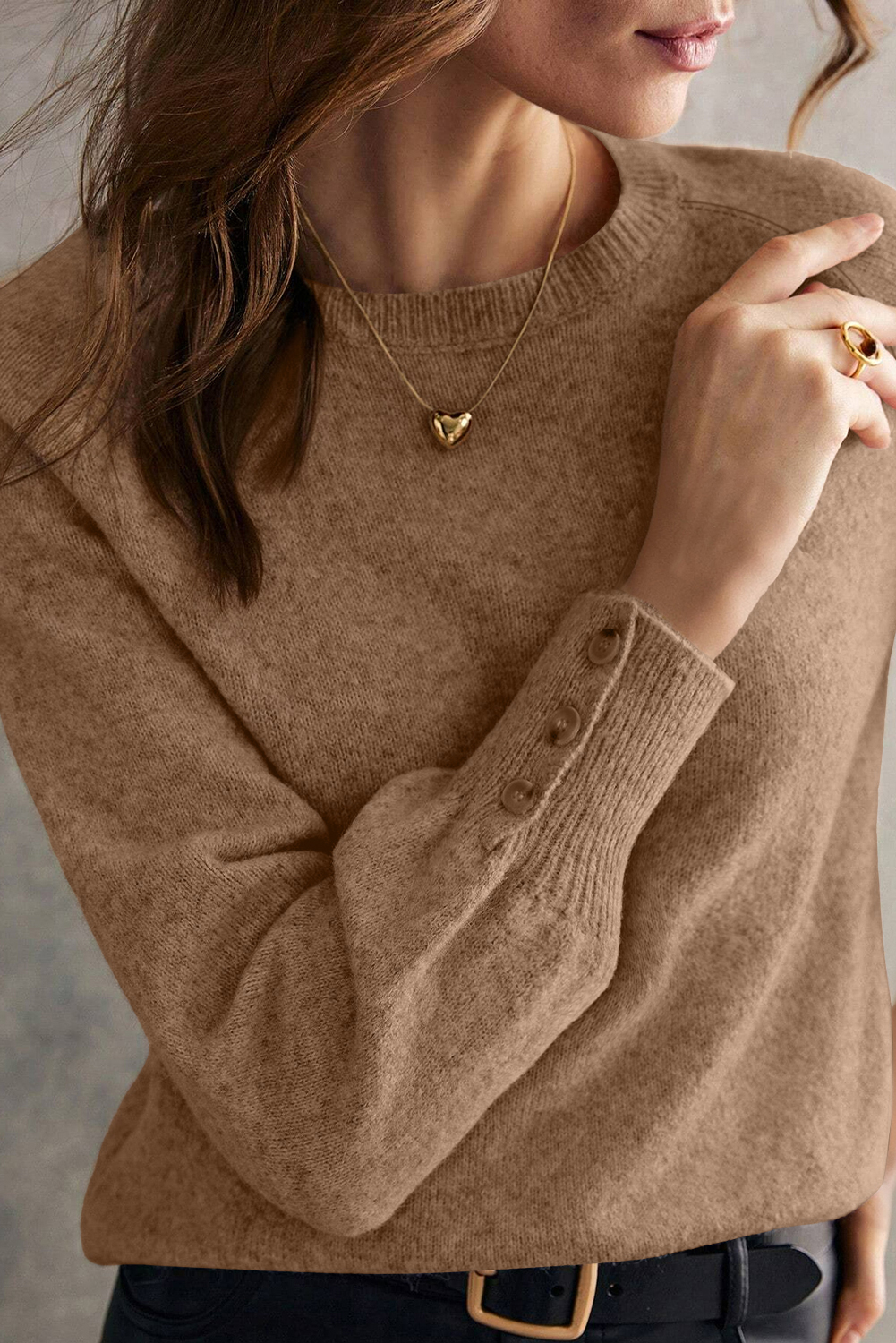Stylish Long Sleeve Crew Neck Sweater with Buttoned Cuffs in Camel - Detail View 2
