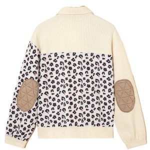 Khaki Leopard Waffle Quilted Patchwork Button Front Jacket for Women - Main View