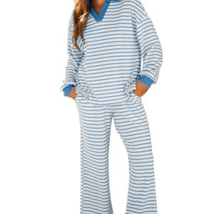 Women's Sky Blue Stripe Collared Pullover & Drawstring Pant Set – Cozy Casual Outfit for Daily Wear - Main View