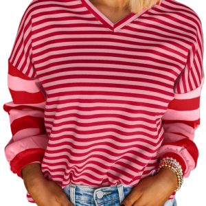 Women's Strawberry Pink Mix Striped Drop Shoulder V Neck Pullover with Patchwork Sleeves - Main View