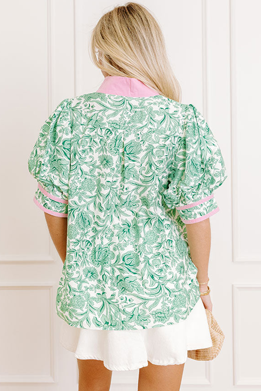 Women's Green Leaves Pattern Color Block V Neck Puff Sleeve Blouse - Elegant Summer Top - Detail View 5