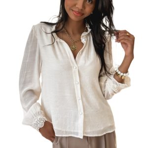 Women's Elegant White Lace Patchwork Buttoned Stand Neck Loose Shirt - Main View