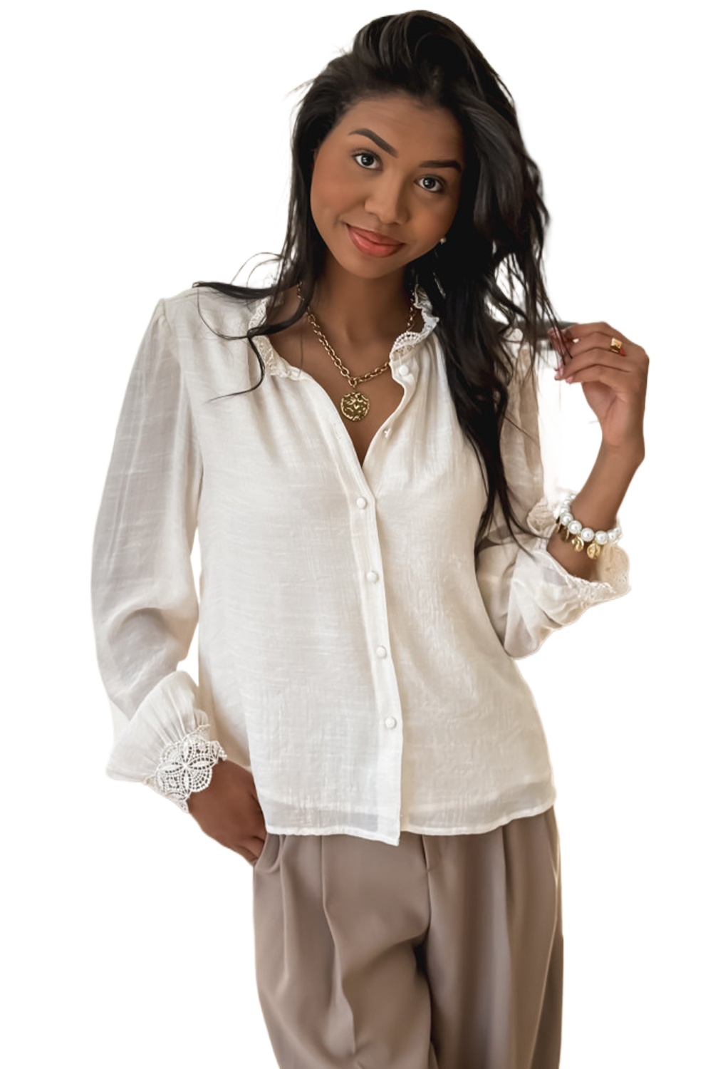 Women's Elegant White Lace Patchwork Buttoned Stand Neck Loose Shirt - Main View