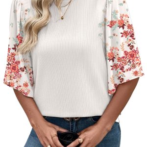 Women's White Ribbed Floral Patchwork Top – Short Sleeve Round Neck Blouse for Daily & Vacation
