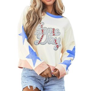Women's Beige Game Day Sequin Letter Graphic Colorblock Sweatshirt with Star Patched Sleeves - Main View