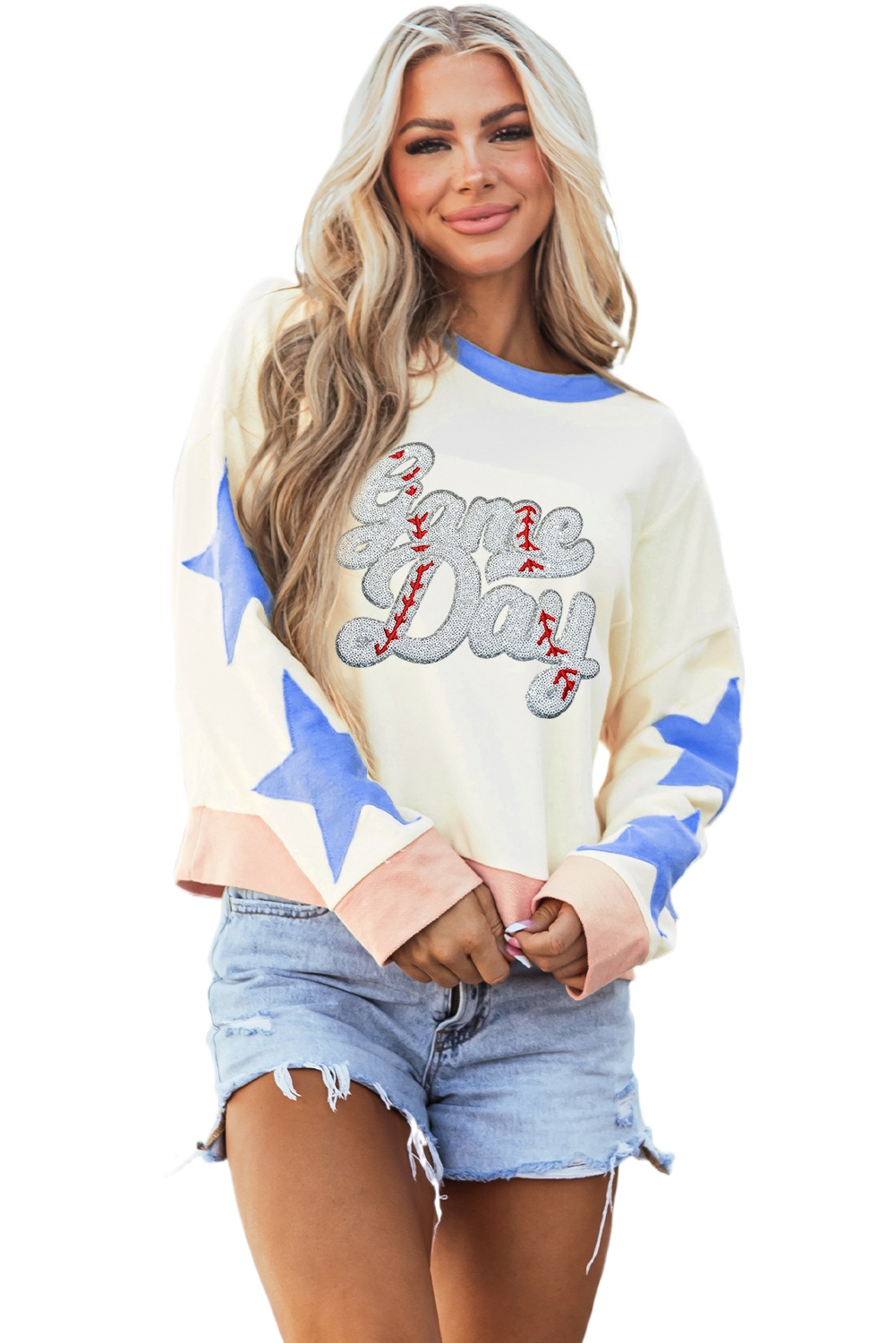 Women's Beige Game Day Sequin Letter Graphic Colorblock Sweatshirt with Star Patched Sleeves - Main View