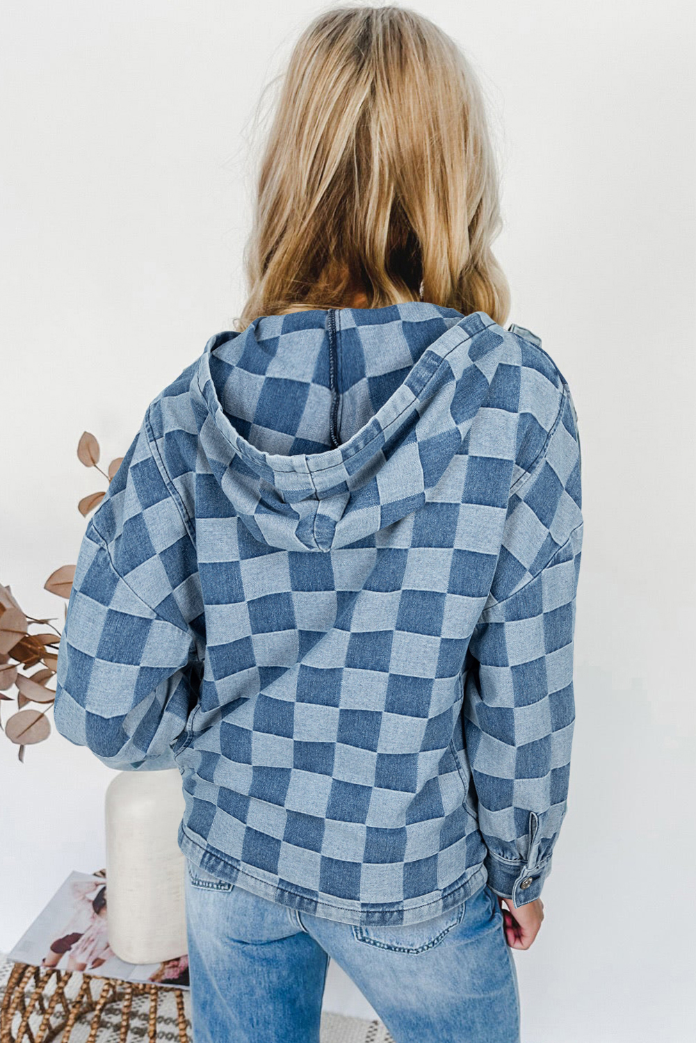 Casual Long Sleeve Denim Hoodie - Stylish Sky Blue Checkered Design - Detail View 2