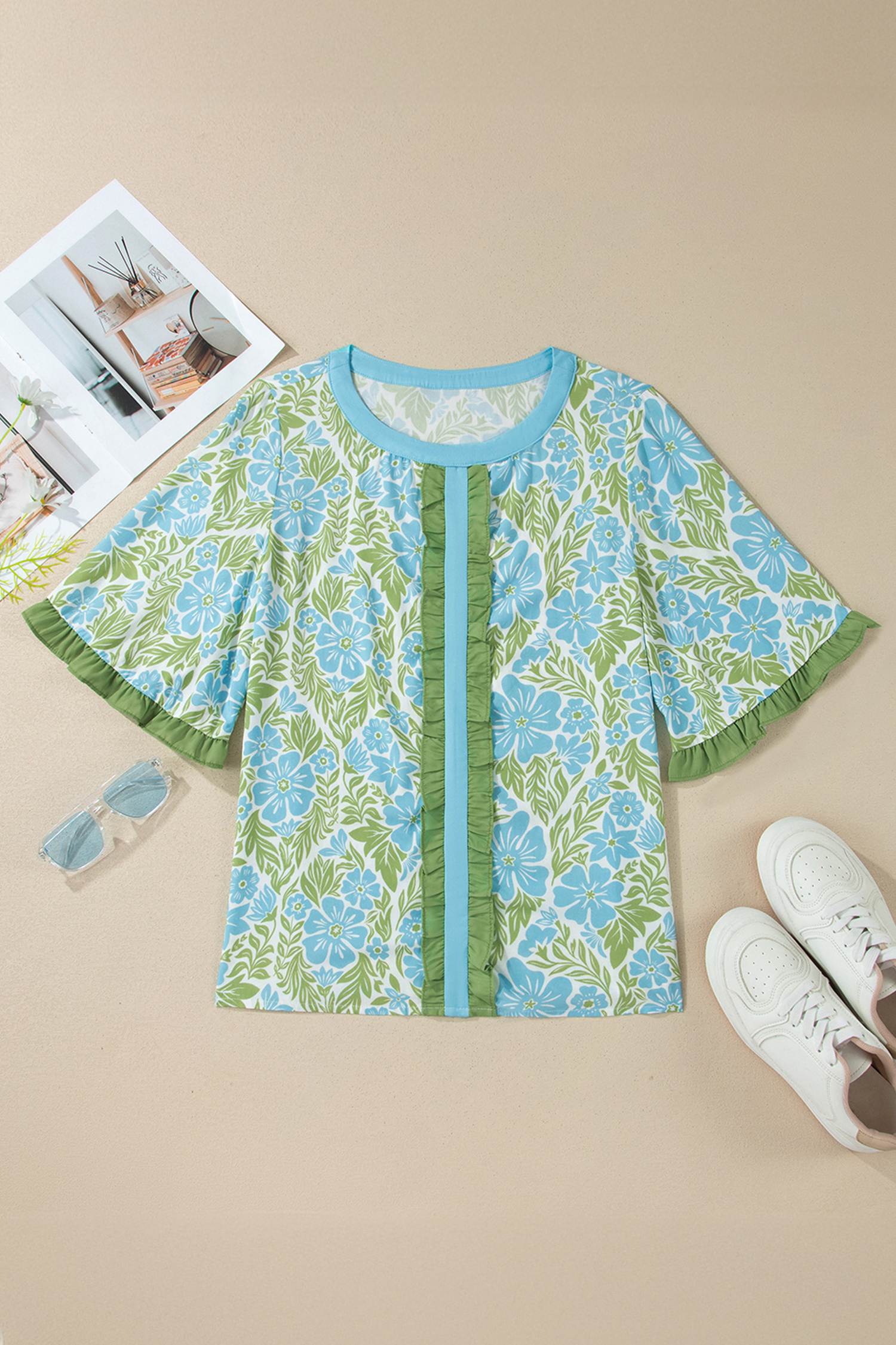 Floral Print Summer Blouse for Women – Round Neck Half Sleeve Top, Casual Vacation Wear - Detail View 5