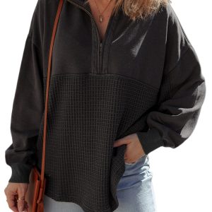 Women's Carbon Grey Waffle Knit Patchwork Half-Zip Sweatshirt – Casual Daily Wear for Fall Comfort