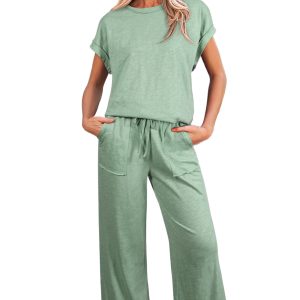 Women's Canton Cuffed Short Sleeve Tee & Drawstring Pants Set – Casual Summer Outfit
