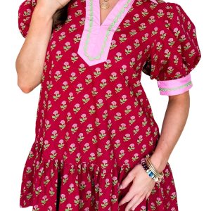 Women’s Red Floral Print Mini Dress – Short Puff Sleeve Casual Summer Style