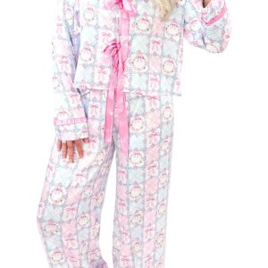 Women's Pink Bow Wreath Pattern Pajama Set – Cozy Long Sleeve Christmas Sleepwear for the Holiday Season - Main View