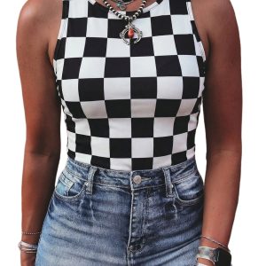 Women's Black Checkerboard Slim Tank Top – Stylish Western-Inspired Daily Wear