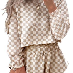 Women's Khaki Checkered Long Sleeve Crop Top with High Waist Skort 2-Piece Set - Main View