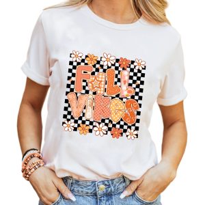 Women's White FALL VIBES Cute Graphic Tee - Perfect for Thanksgiving - Main View