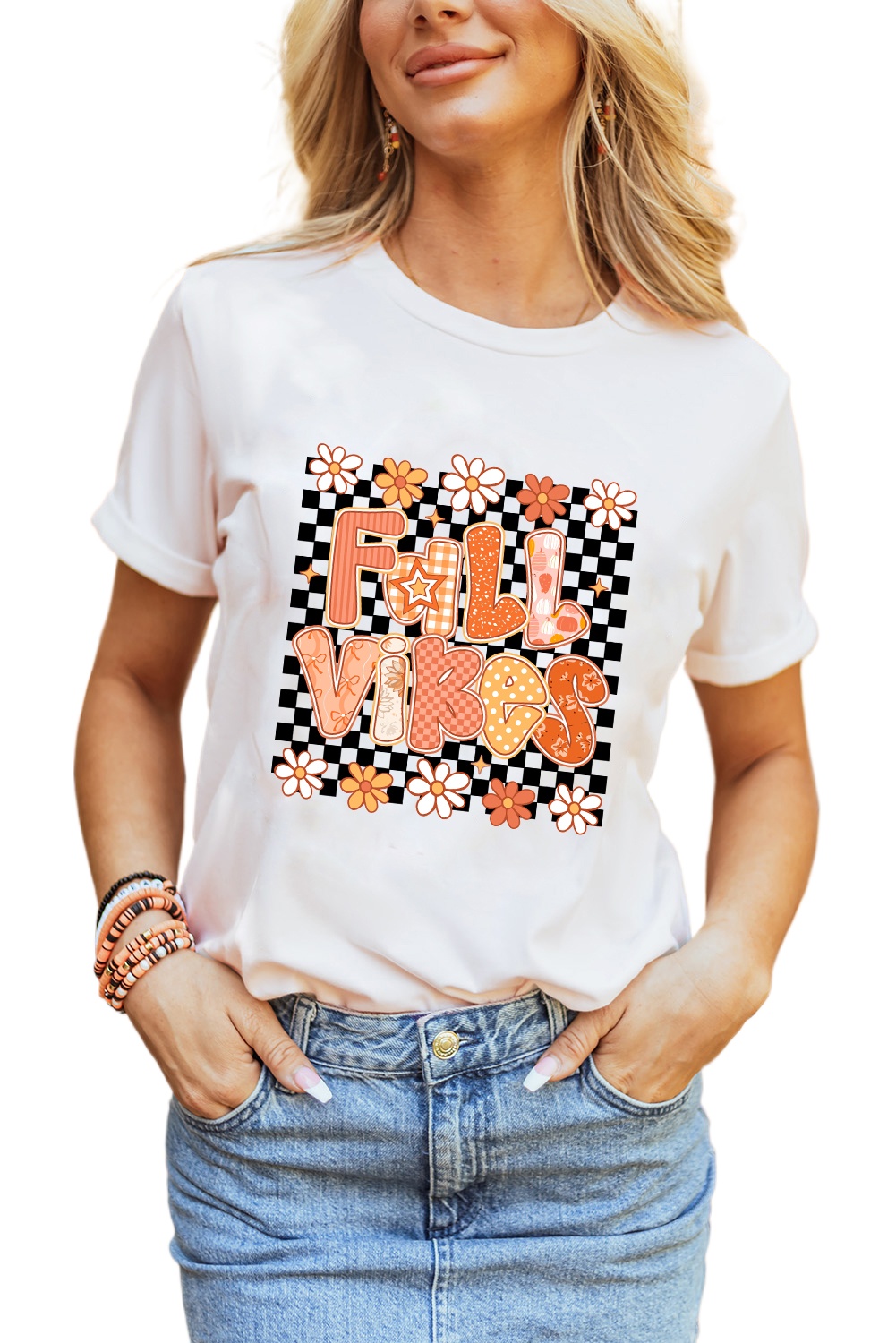 Women's White FALL VIBES Cute Graphic Tee - Perfect for Thanksgiving - Main View