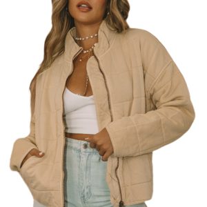 Women's Khaki Zip-Up Pocket Quilted Jacket – Casual Winter Essential for Daily Wear