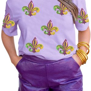 Wisteria Sequined Mardi Gras T-Shirt – Casual Short Sleeve Top for Festive Summer Days