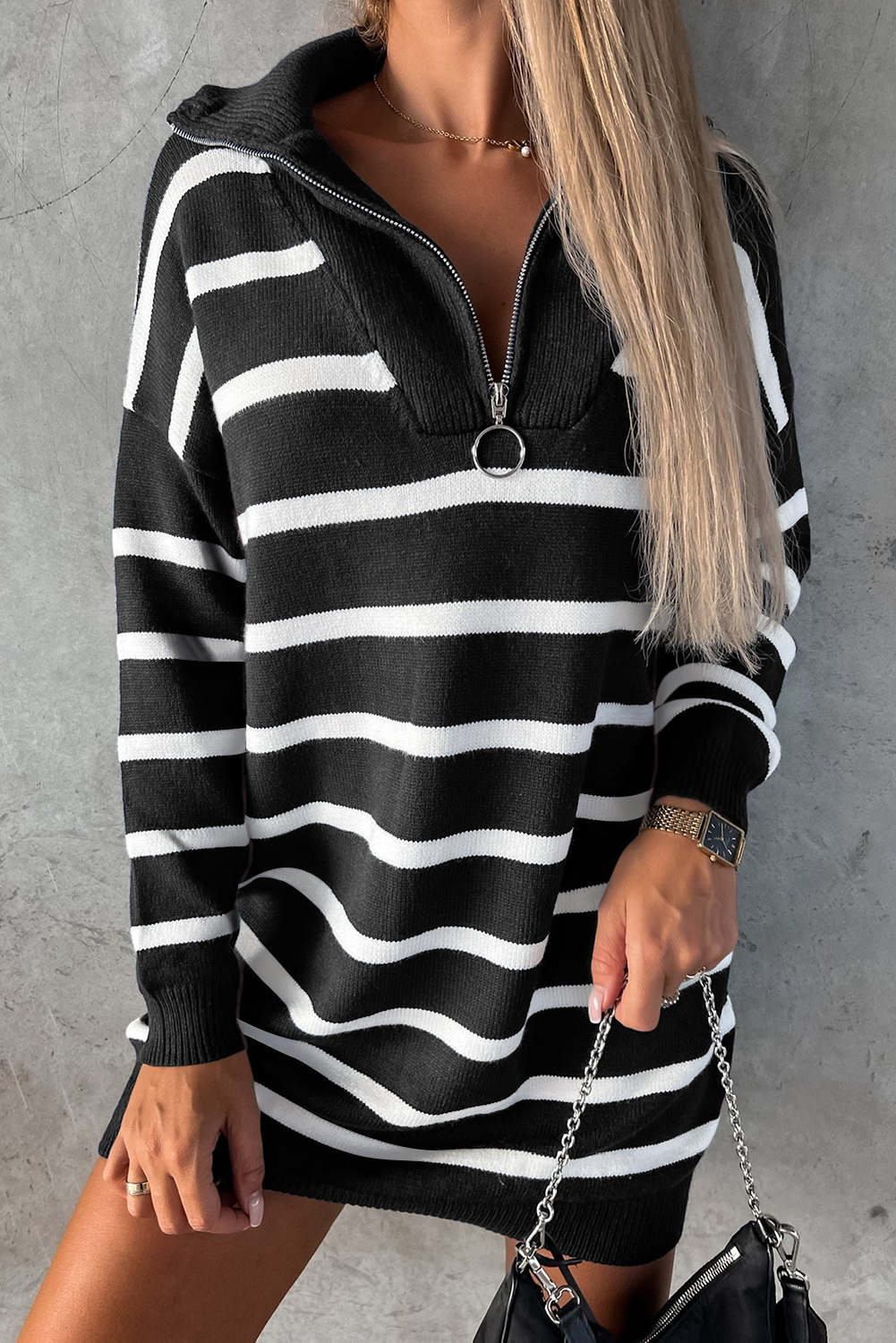 Women's Black Striped/Solid O-Ring Zip Collared Loose Sweater Mini Dress - Detail View 9