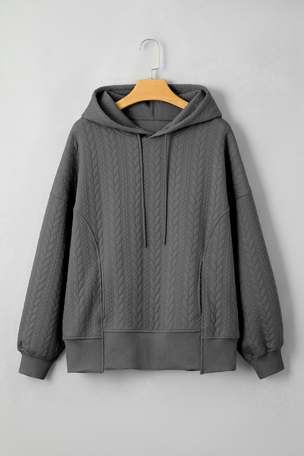 Women's Hoodie, Gray Hoodie, Baggy Style, Cable Textured, Hooded Sweatshirt, Casual Wear, Daily Outfit, Long Sleeve, Solid Color, Comfortable, Fall Fashion, Autumn Style, Basic Top - Detail View 8