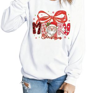 Women's White Merry Christmas Graphic Sweatshirt – Cute Holiday Bow Accent for Casual Daily Wear - Main View