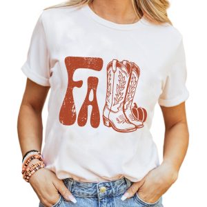 Women's White FALL Boots Graphic T-Shirt - Casual Round Neck Tee - Main View